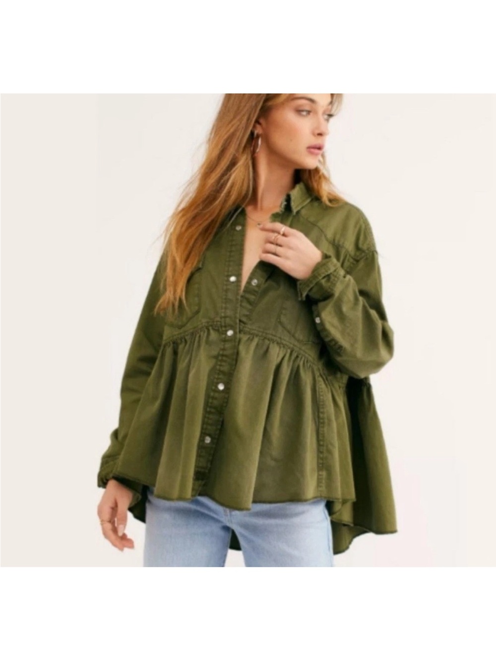 Free People We The Free Dylan Babydoll Army Denim Peplum Top Medium 100% Cotton